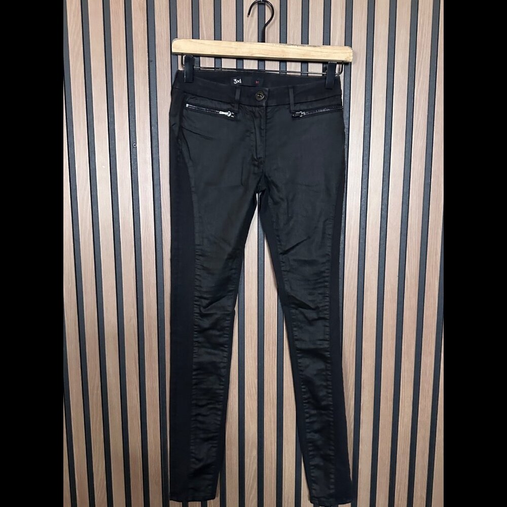 3x1 Jeans 27 Womens Black Skinny Vegan Leather Suede Pocket Zip Stretch